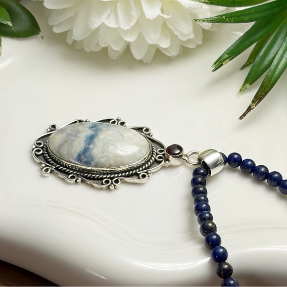 Garnet & Blue Scheelite Pendant Necklace Jewelry Set Lot Sapphire Earrings 925 - Picture 6 of 8